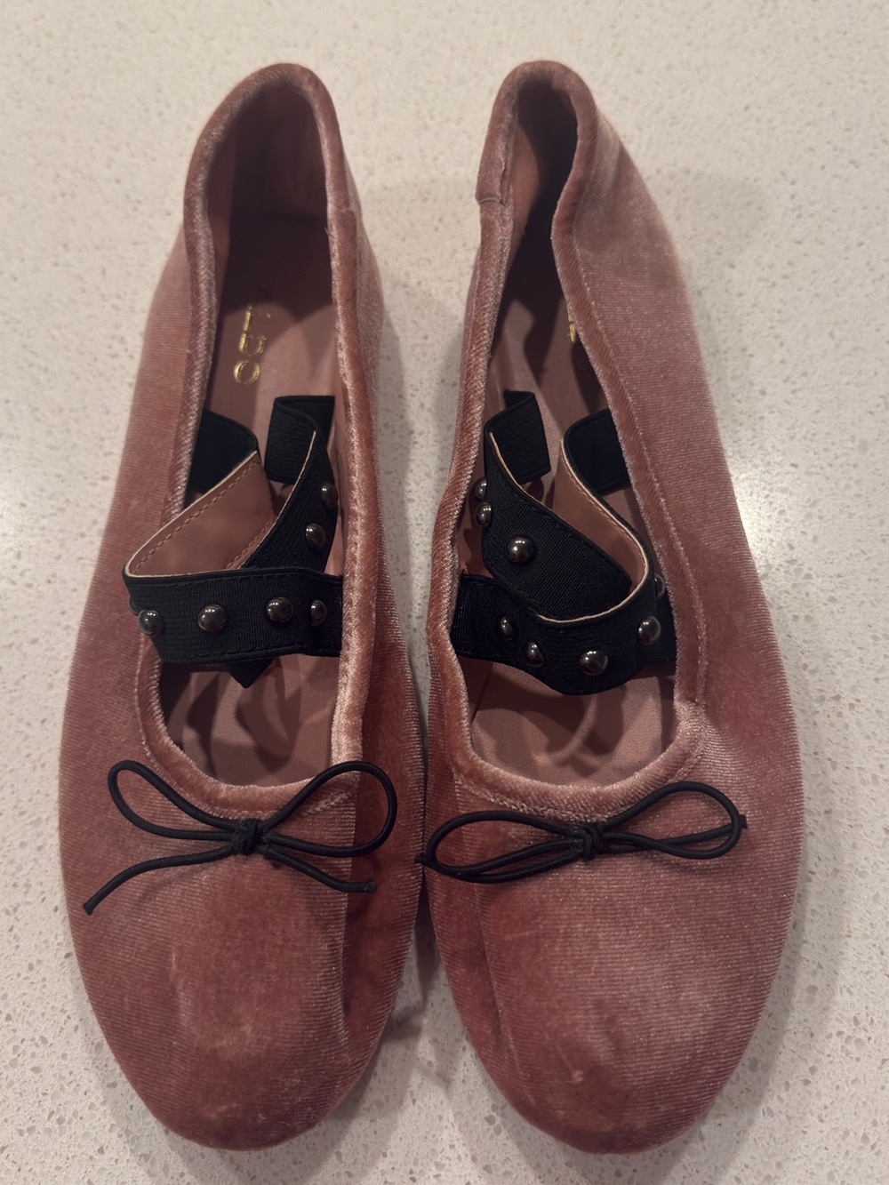 NWOT Blush Pink Velvet Ballet Flats with Black Studded Strap - Picture 3 of 4